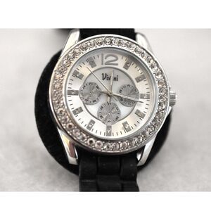 Vivani Rhinestone Accent Silver Tone Black Silicone Band New Battery Watch